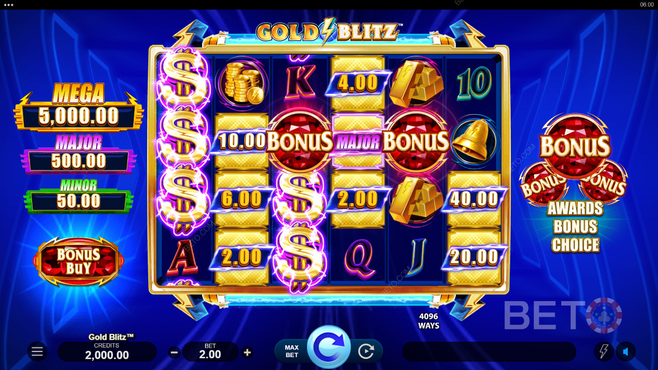 Poți câștiga un premiu Jackpot la orice rotire din jocul de bază în jocul de păcănele Gold Blitz.