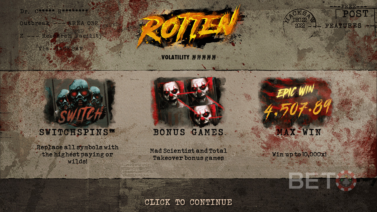 Bucură-te de SwitchSpins, Free Spins și multe altele în slotul Rotten de la Hacksaw Gaming