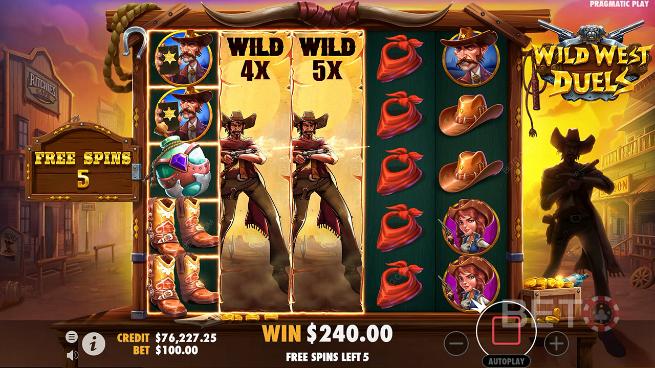 Wild-urile expansive cu multiplicatori apar la Duel Free Spins în jocul ca la aparate Wild West.