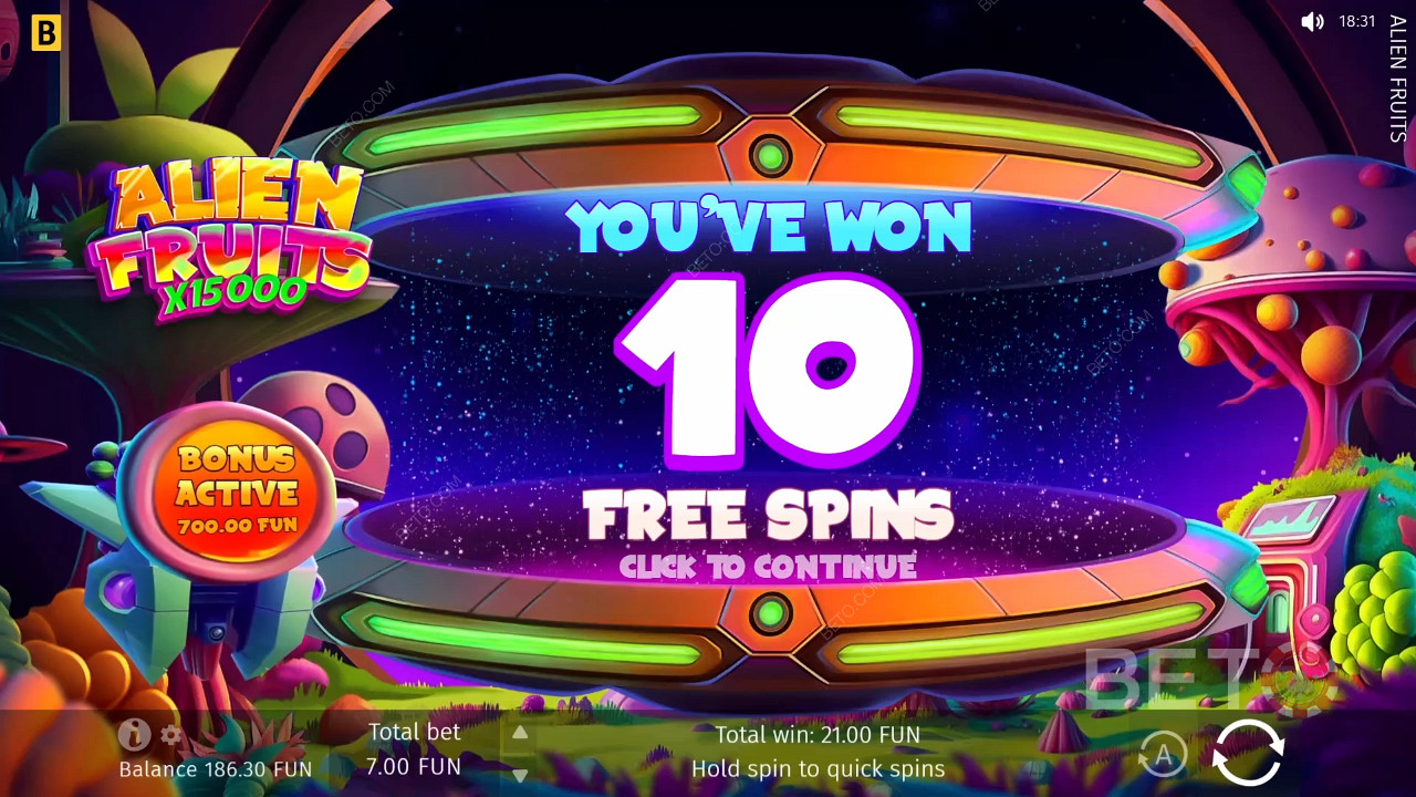 Câștigă de 15.000x pariul tău în slotul Alien Fruits Online!