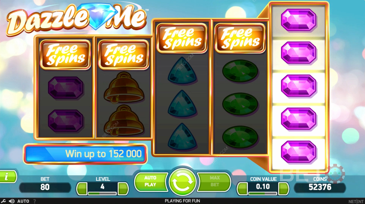 Învârtirile gratuite sunt declanșate dacă prindeți mai mult de 3 simboluri Free Spins în slotul Dazzle Me.