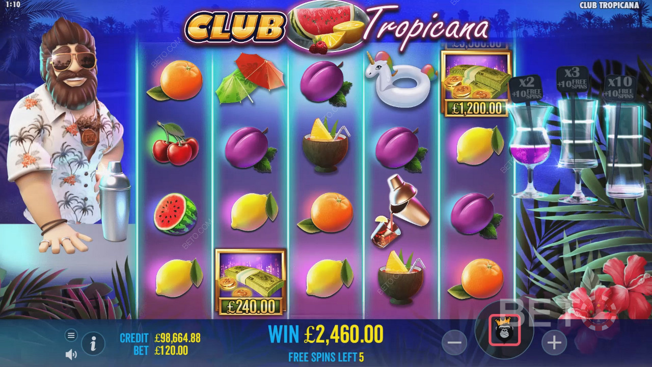 Ai ocazia să colectezi simboluri de bani la rotirile gratuite din jocul ca la aparate Club Tropicana.