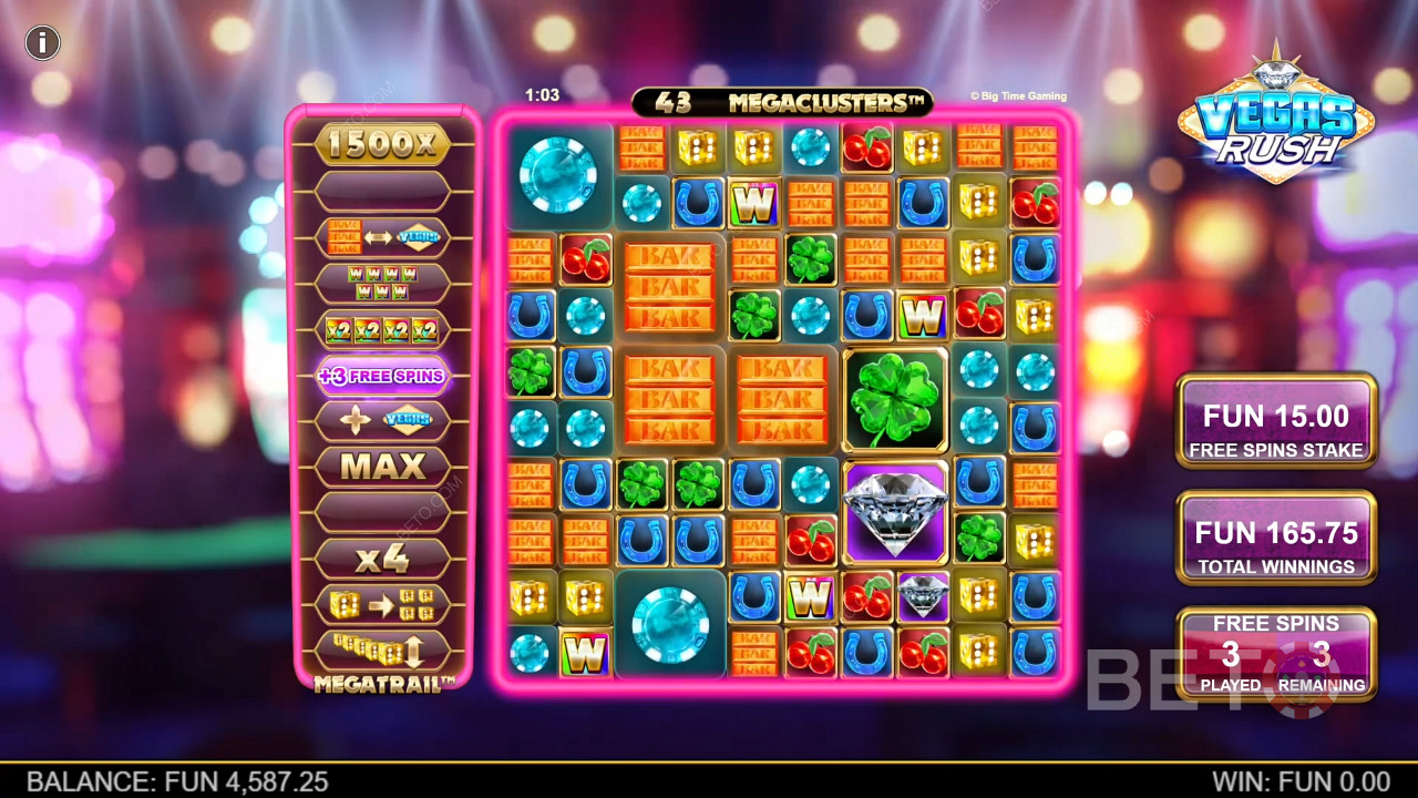 Învârtirile gratuite oferă un Megatrail îmbunătățit în jocul ca la aparate Vegas Rush