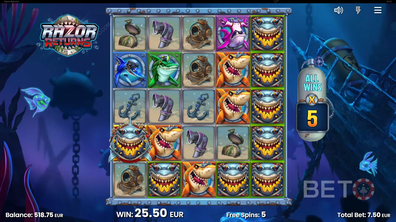 Toate câștigurile sunt înmulțite cu un Multiplicator de câștig în runda Free Spins.
