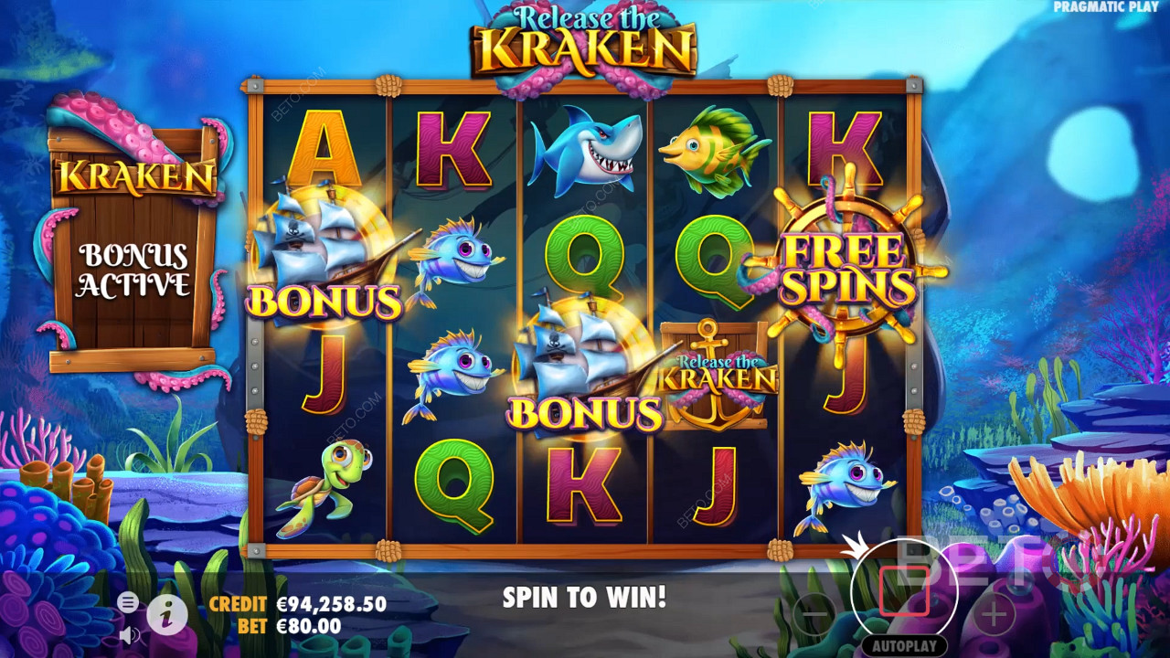 2 simboluri Scatter și 1 simbol Free Spins vor declanșa Free Spins în jocul de păcănele Release the Kraken.