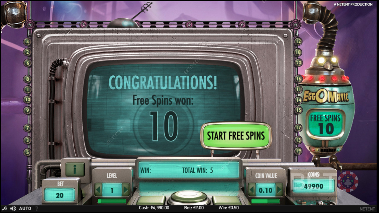Câștigați 10 rotiri gratuite la jocul ca la aparate EggOMatic