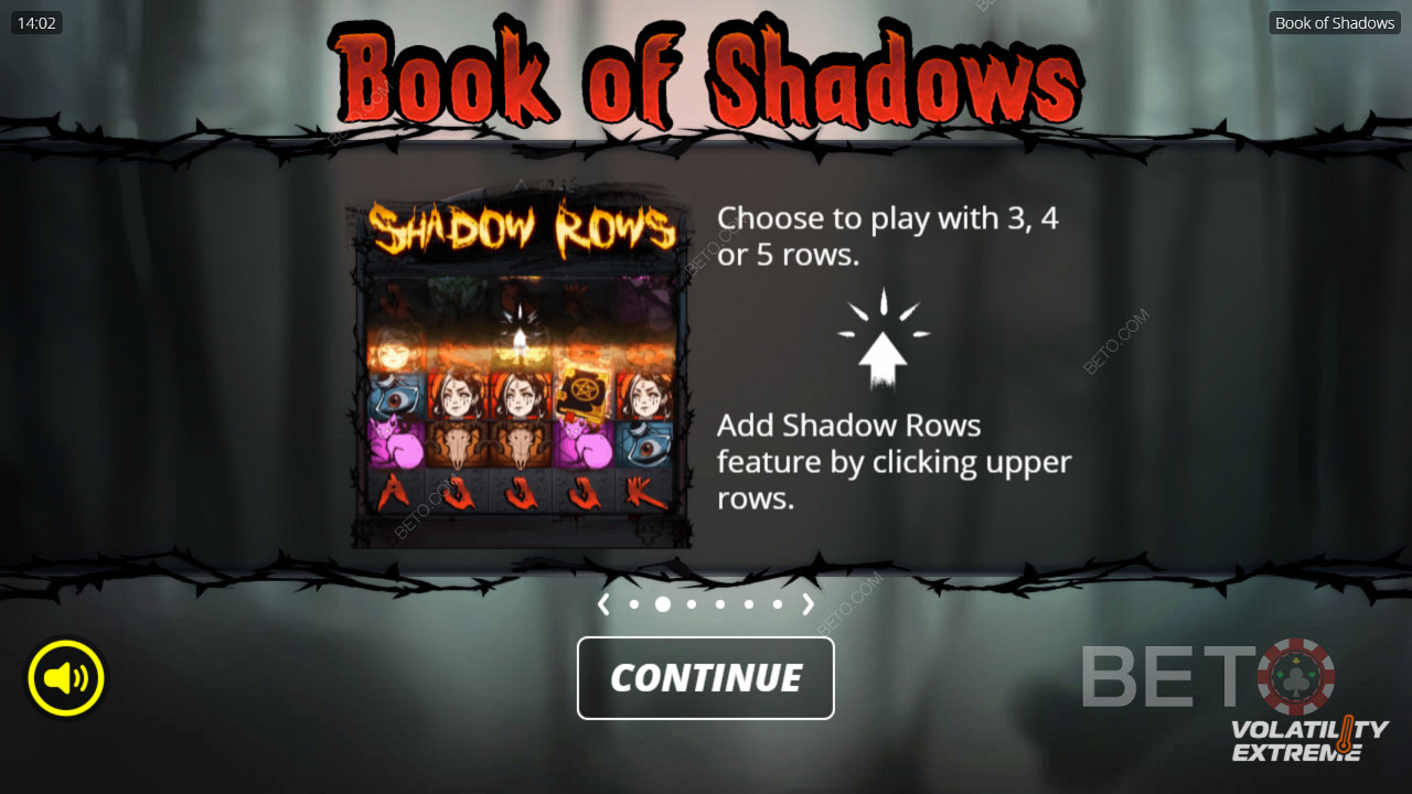 Deblochează toate cele 5 rânduri sau joacă cu doar 3 rânduri în jocul de aparate Book of Shadows