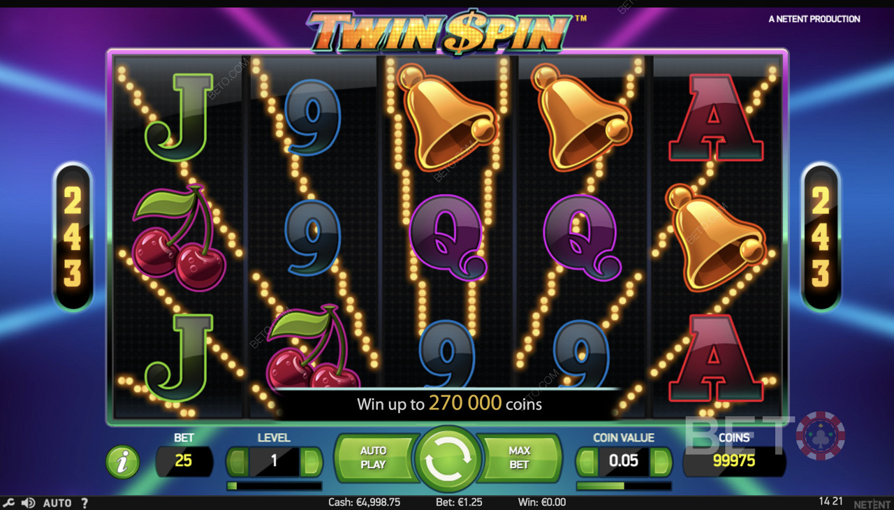 Twin Spin - Gameplay simplu, cu simboluri precum clopoței, cireșe și alte simboluri
