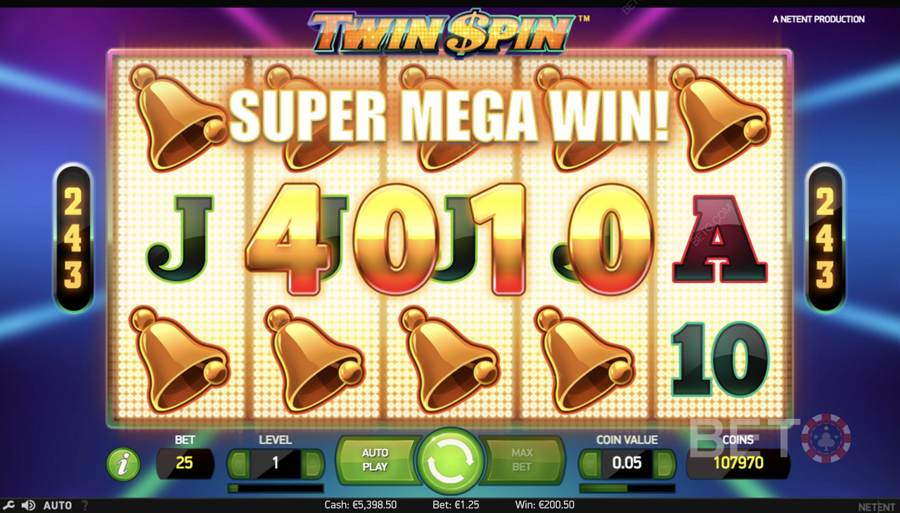Câștigarea unui Super Mega Win în Twin Spin