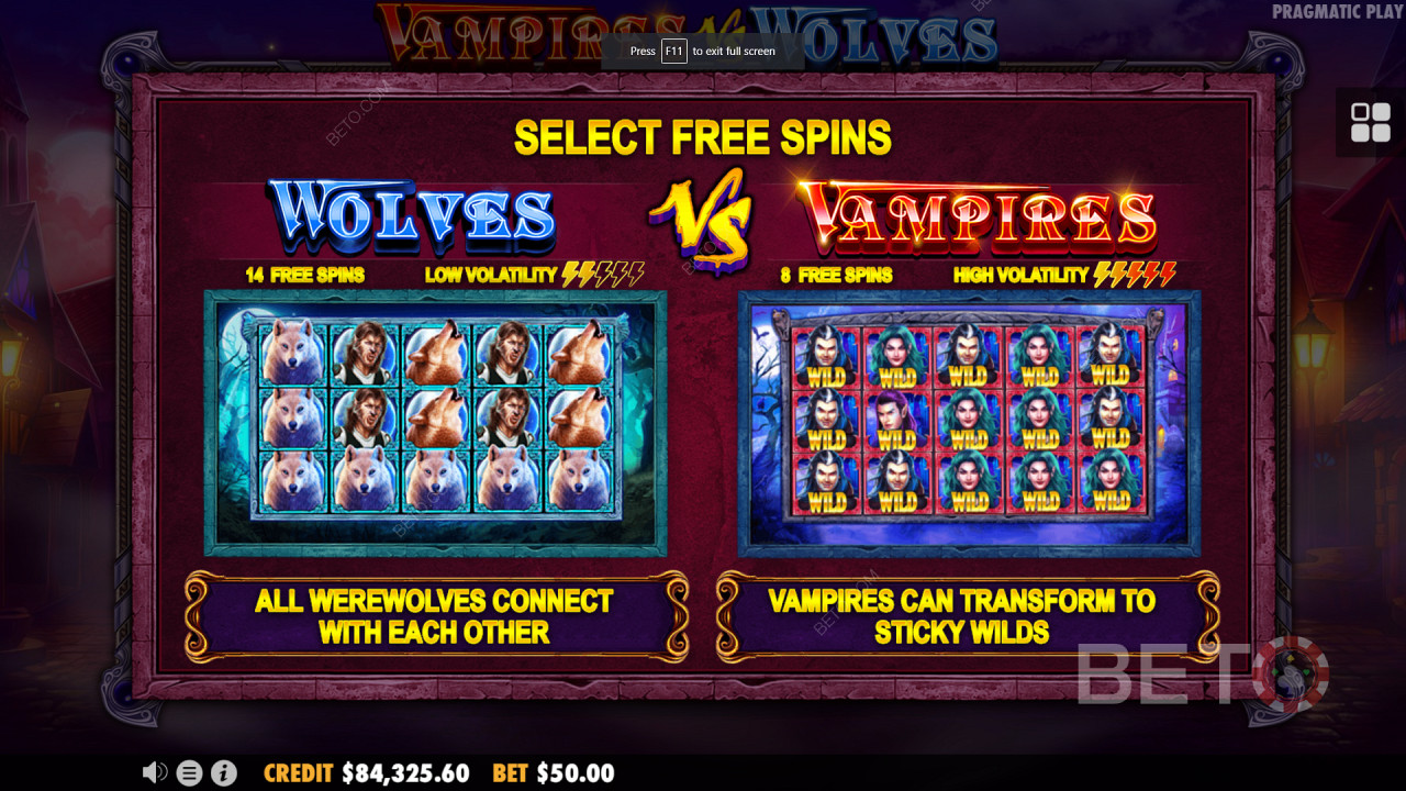 Runda bonus Dual Free Spin Bonus în Vampires vs Wolves