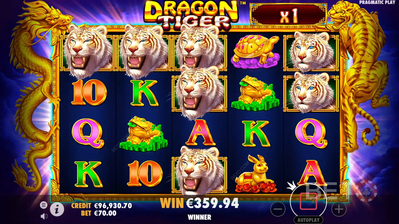 Multiplicatorii intră în joc în timpul bonusului Free Spins din jocul ca la aparate online Dragon Tiger.