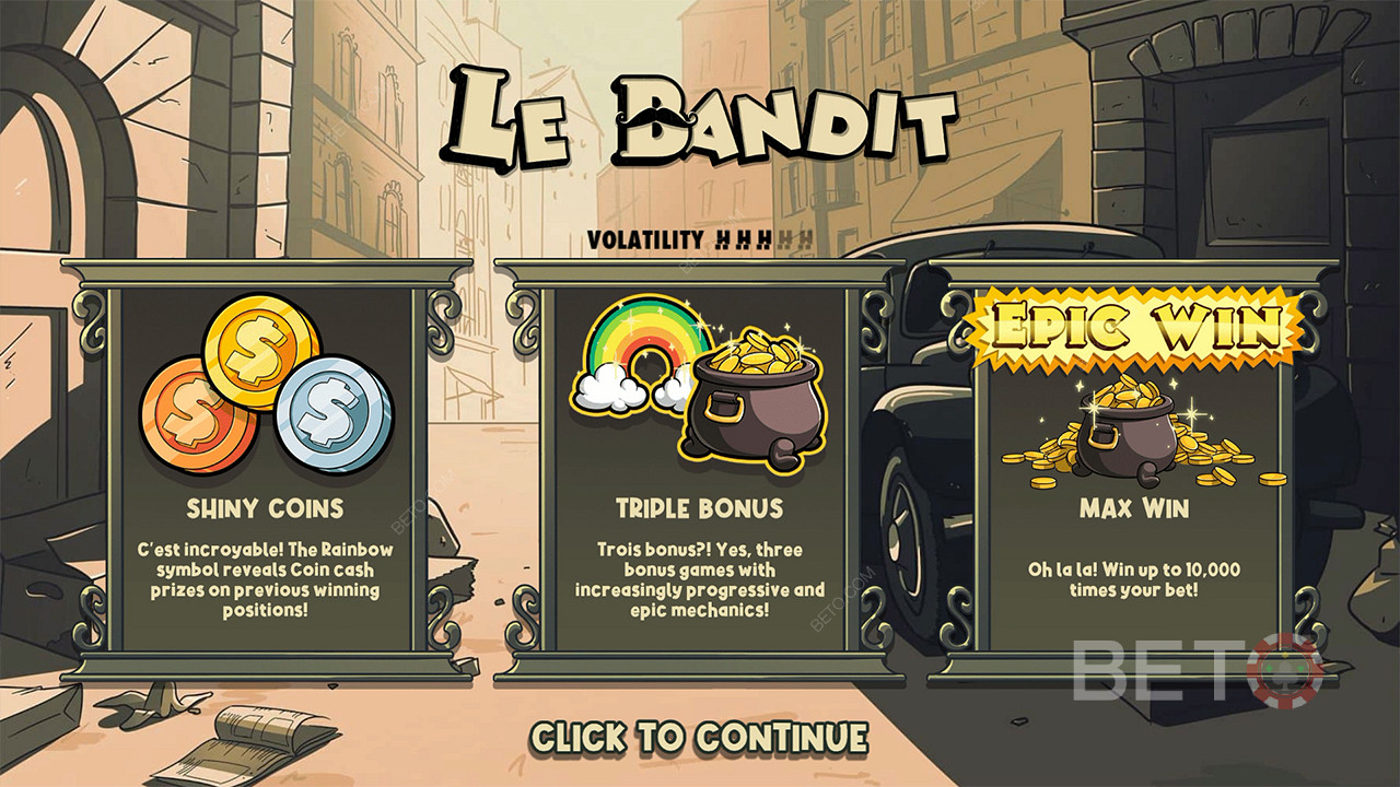 Trei bonusuri și premii în bani te vor ajuta să câștigi de 10.000x pariul tău în jocul de păcănele Le Bandit