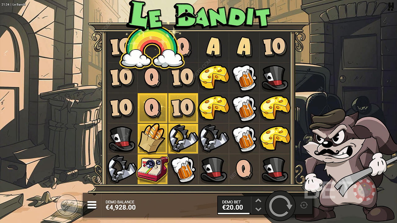 Simbolul curcubeu activează toate pătratele aurii din jocul de aparate Le Bandit.