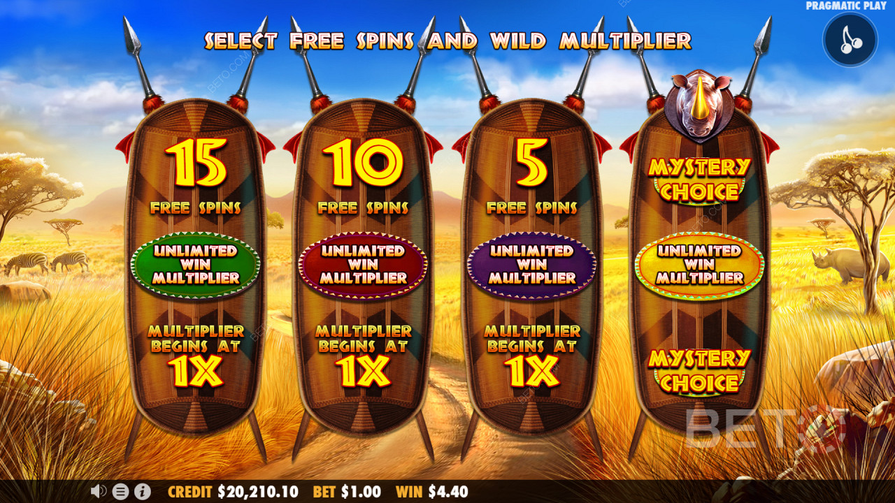 Alege din diferite opțiuni atunci când se declanșează rotirile gratuite la Great Rhino Megaways Slot