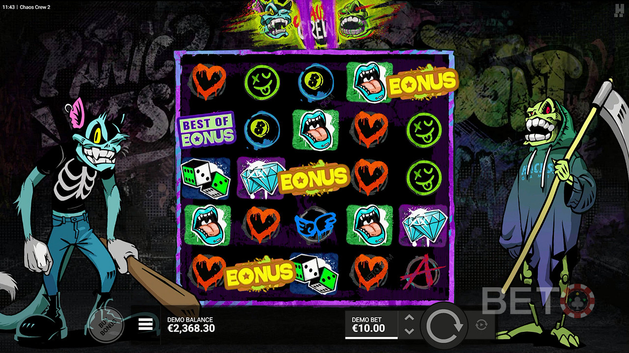 Declanșează jocul bonus după ce prinzi 3 simboluri bonus în slotul online Chaos Crew 2