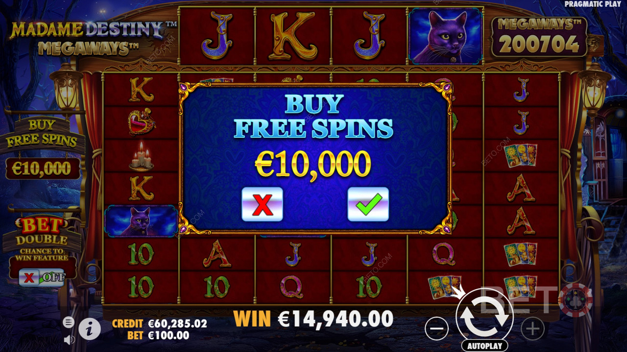 Cumpărarea rundei bonus Free Spins în jocul ca la aparate online Madame Destiny Megaways