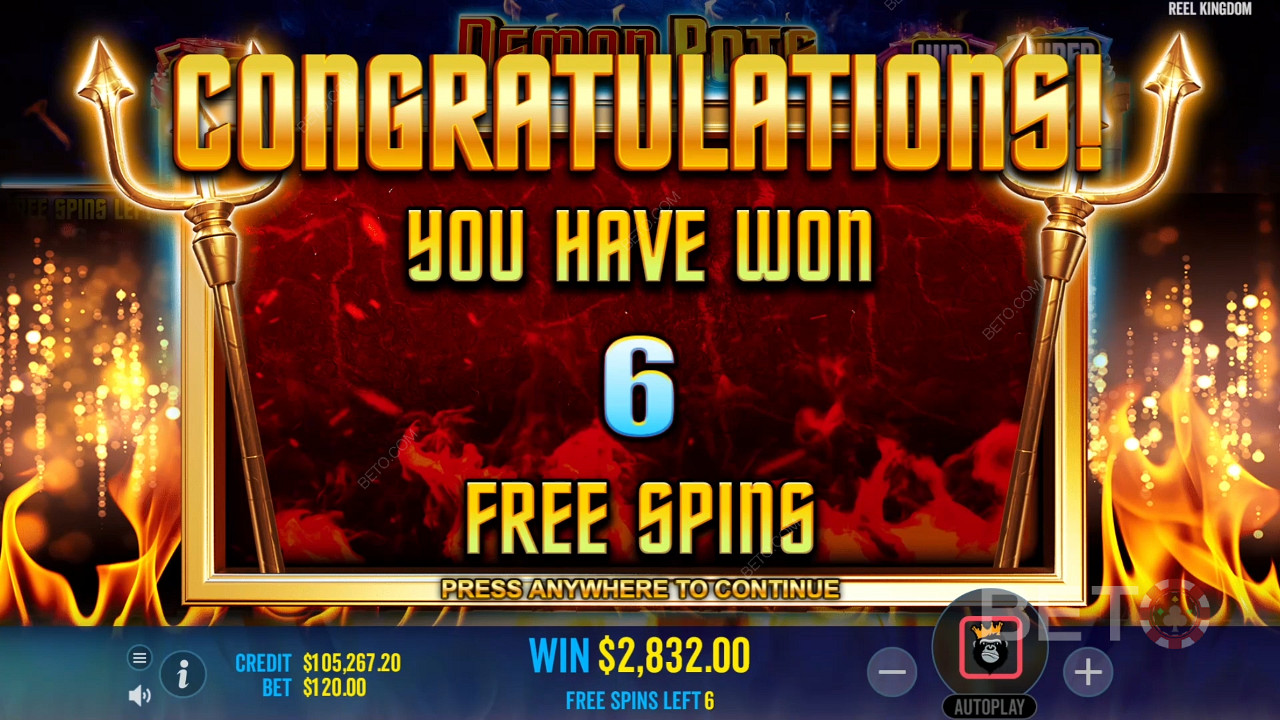 Câștigă de 6.000x pariul tău în jocul ca la aparate Demon Pots Online!