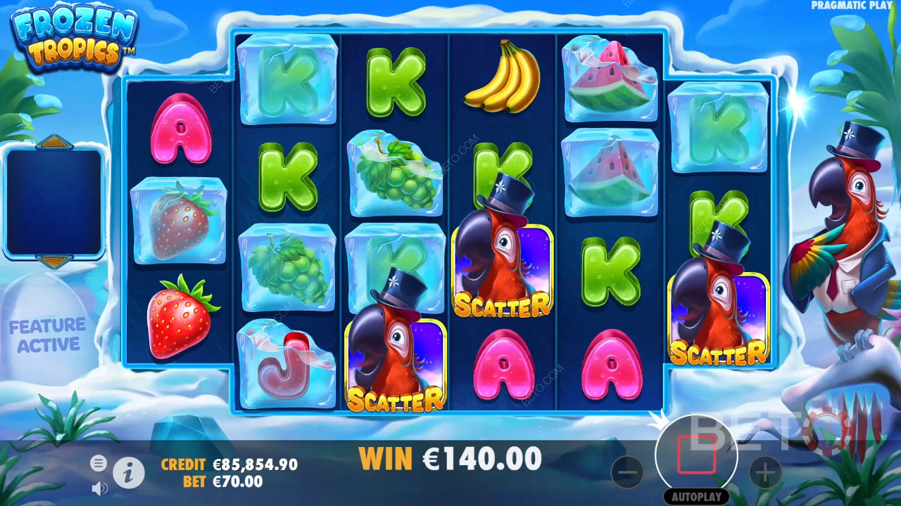 3 simboluri Scatter sunt suficiente pentru a declanșa Free Spins în jocul ca la aparate online Frozen Tropics.