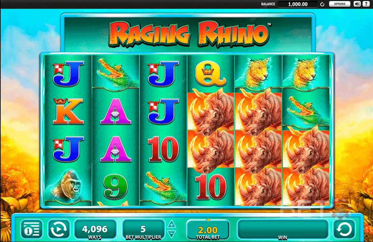 Structura cu șase role și patru rânduri a jocului Raging Rhino