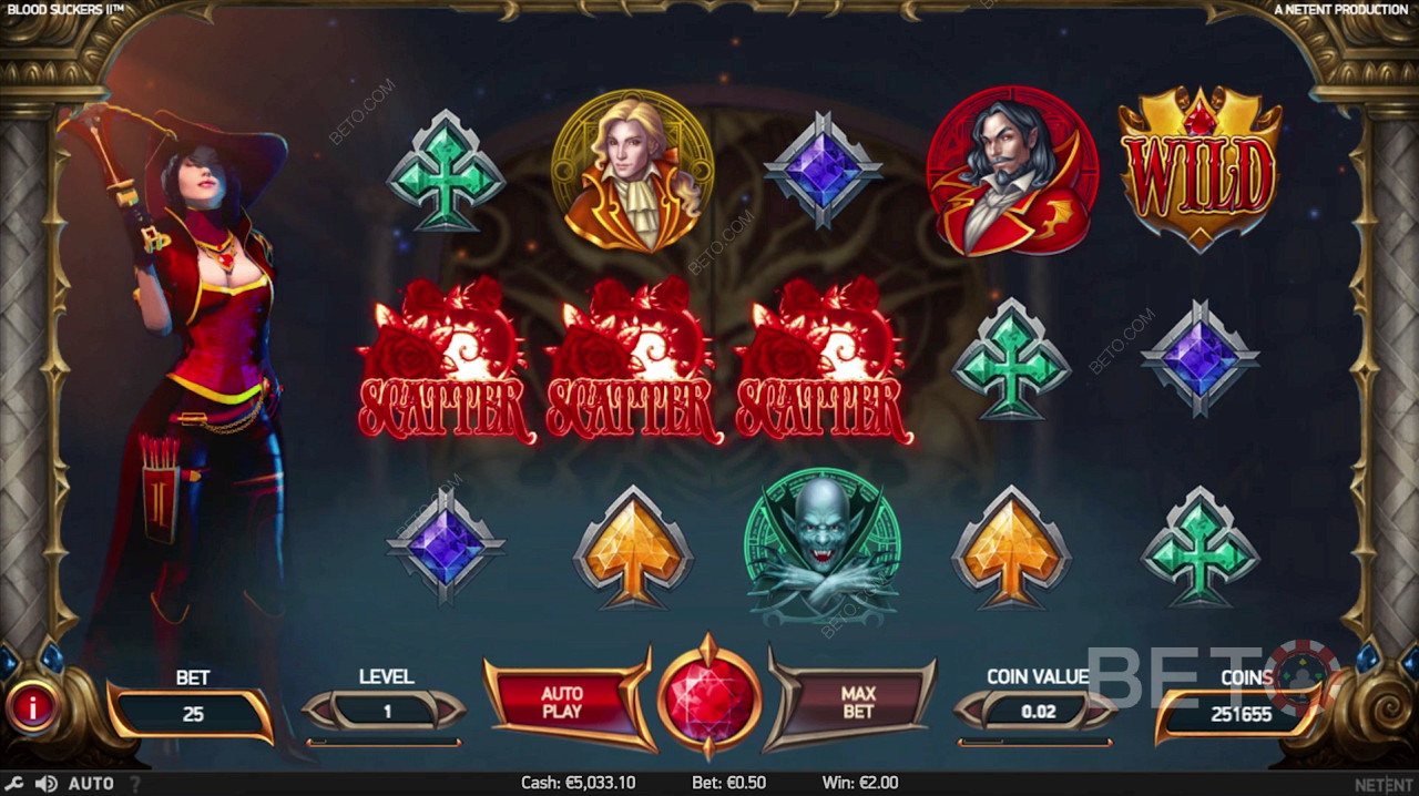 3 simboluri Scatter declanșează runda bonus în Blood Suckers 2
