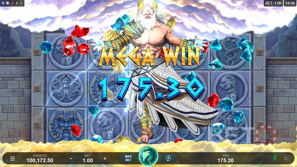 Aterizând un Mega Câștig în slotul Ancient Fortunes: Zeus