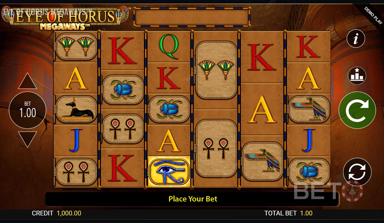 Există un total de 15.625 de moduri de câștig în Eye of Horus Megaways Online Slot