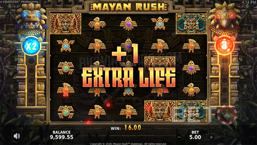 Mayan Rush funcțiile bonus includ Free Spins, un multiplicator și o funcție gamble.