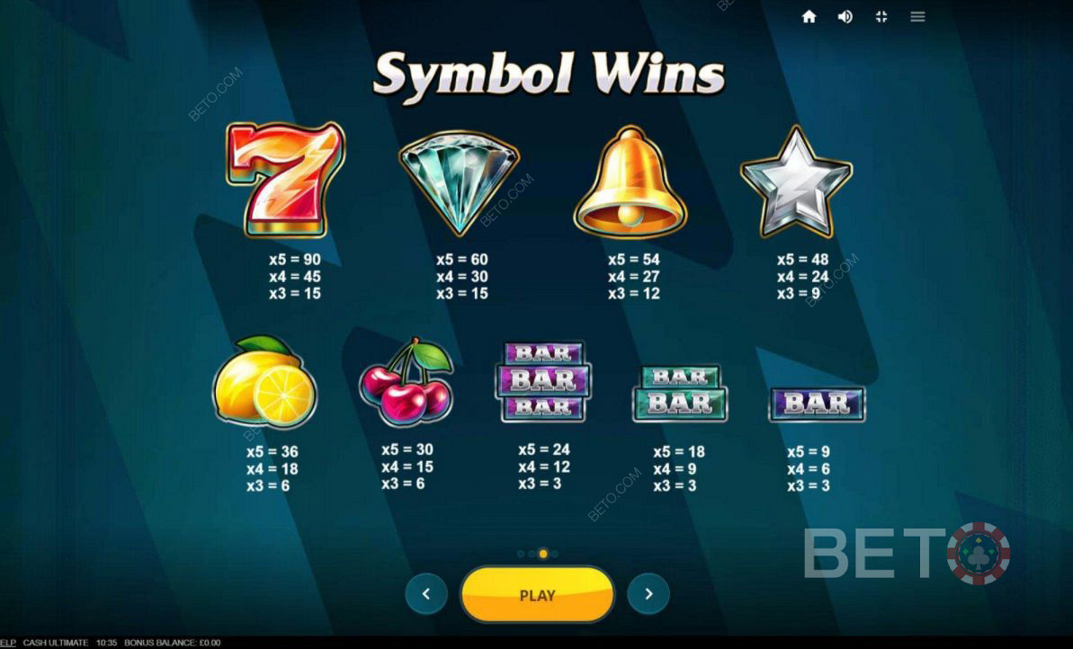 Diferite combinații de simboluri în Cash Ultimate