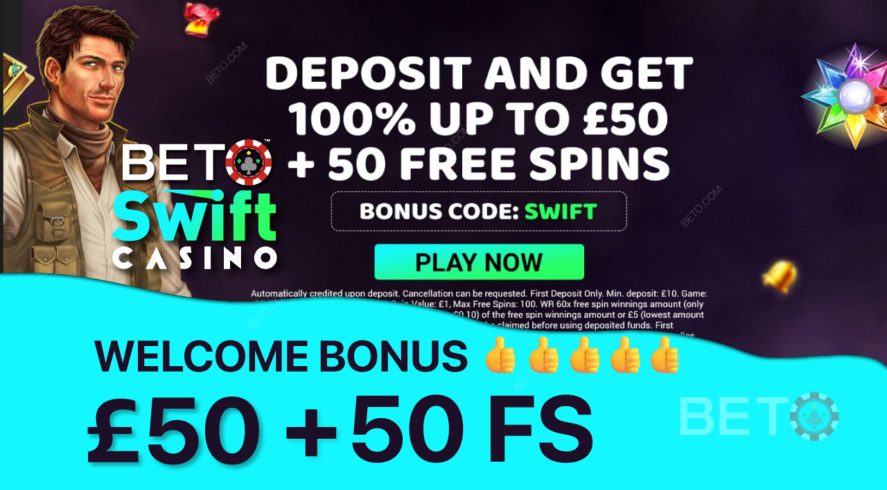 Obțineți un bonus de 100% de până la £50 și 50 de rotiri gratuite ca bonus de bun venit