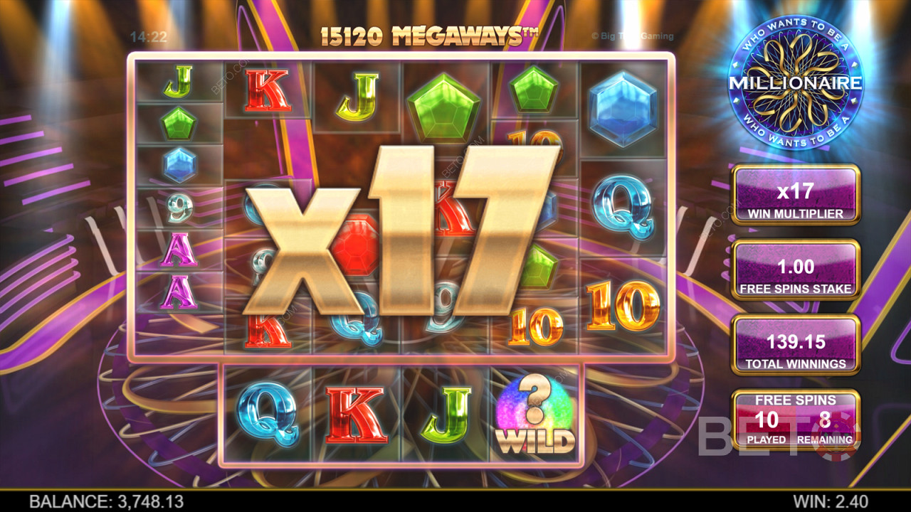 Un multiplicator se adaugă la câștigurile tale pentru fiecare câștig în cascadă în Who Wants to Be a Millionaire Megaways.