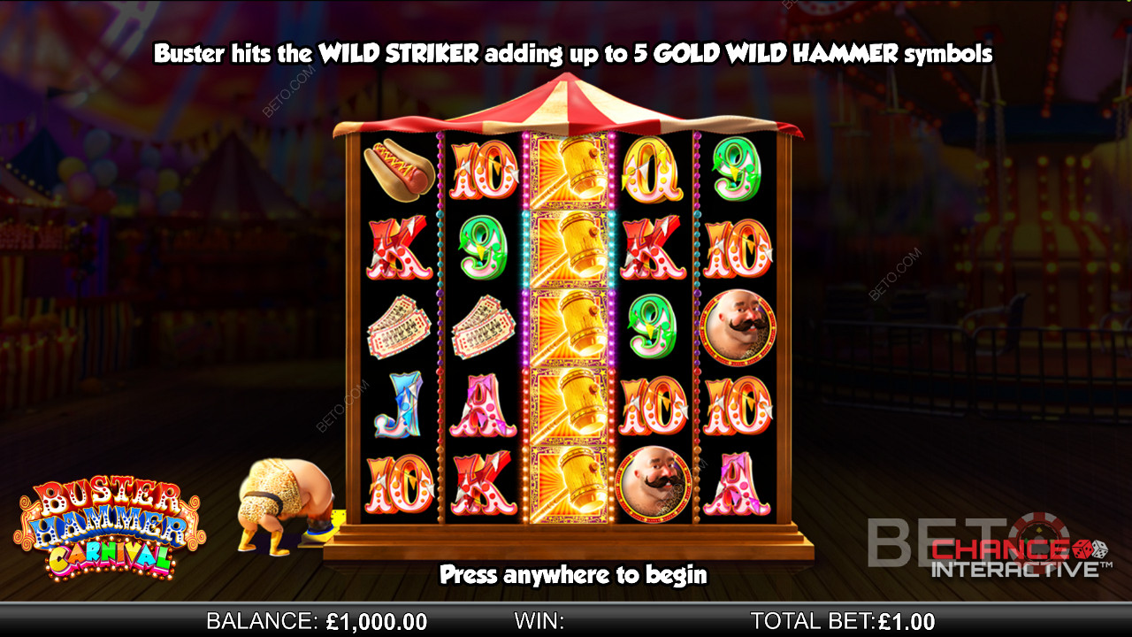 Bucură-te de funcția Wild Striker în slotul online Buster Hammer Carnival