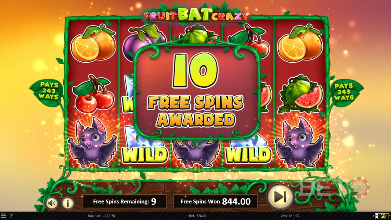 Câștigarea a 10 rotiri gratuite în Fruit Bat Crazy