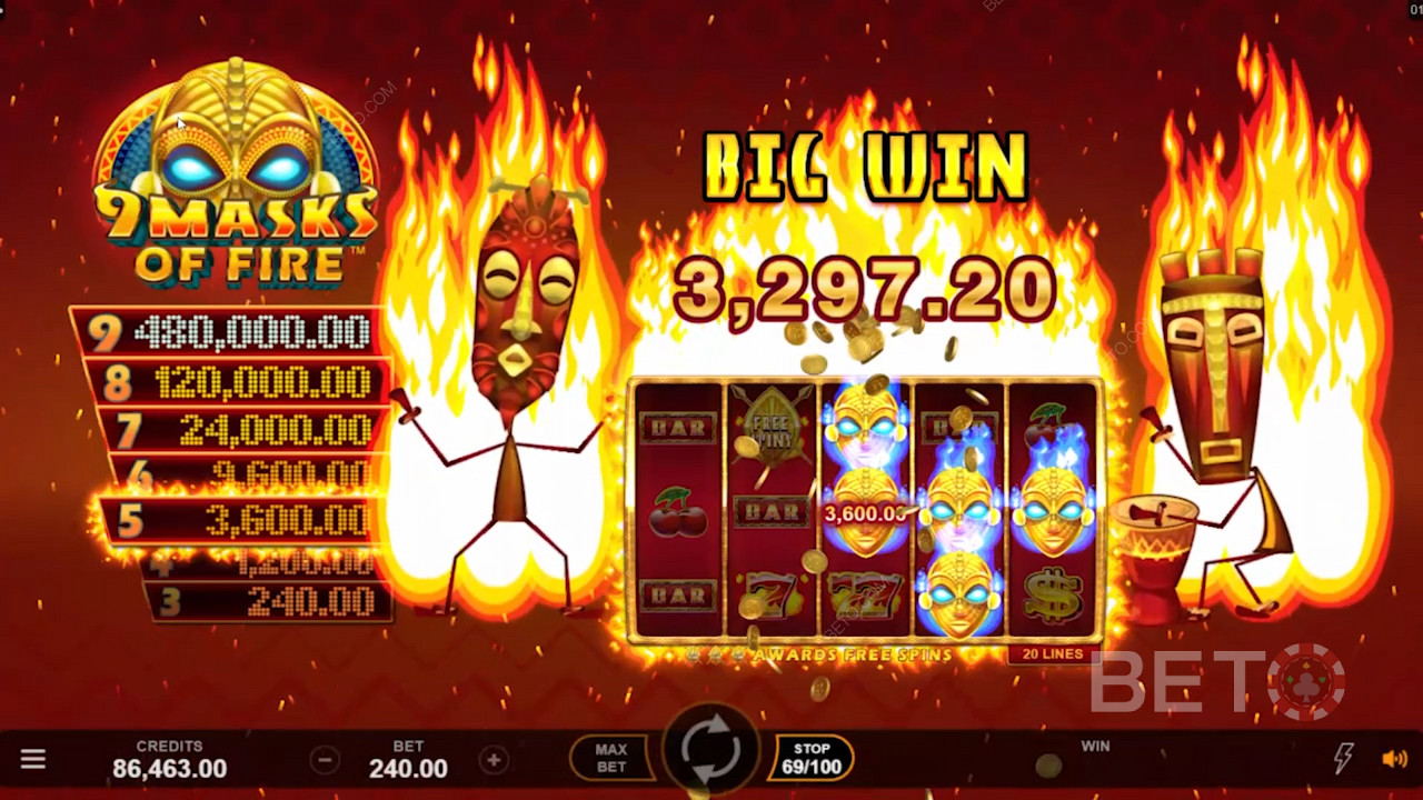 Simte căldura slotului cu 9 Masks of Fire - îți poate oferi sume generoase.