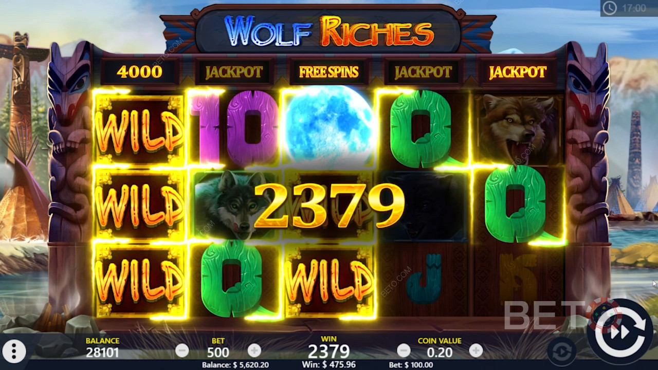 Învârtiri gratuite și câștiguri Wild în slotul online Wolf Riches