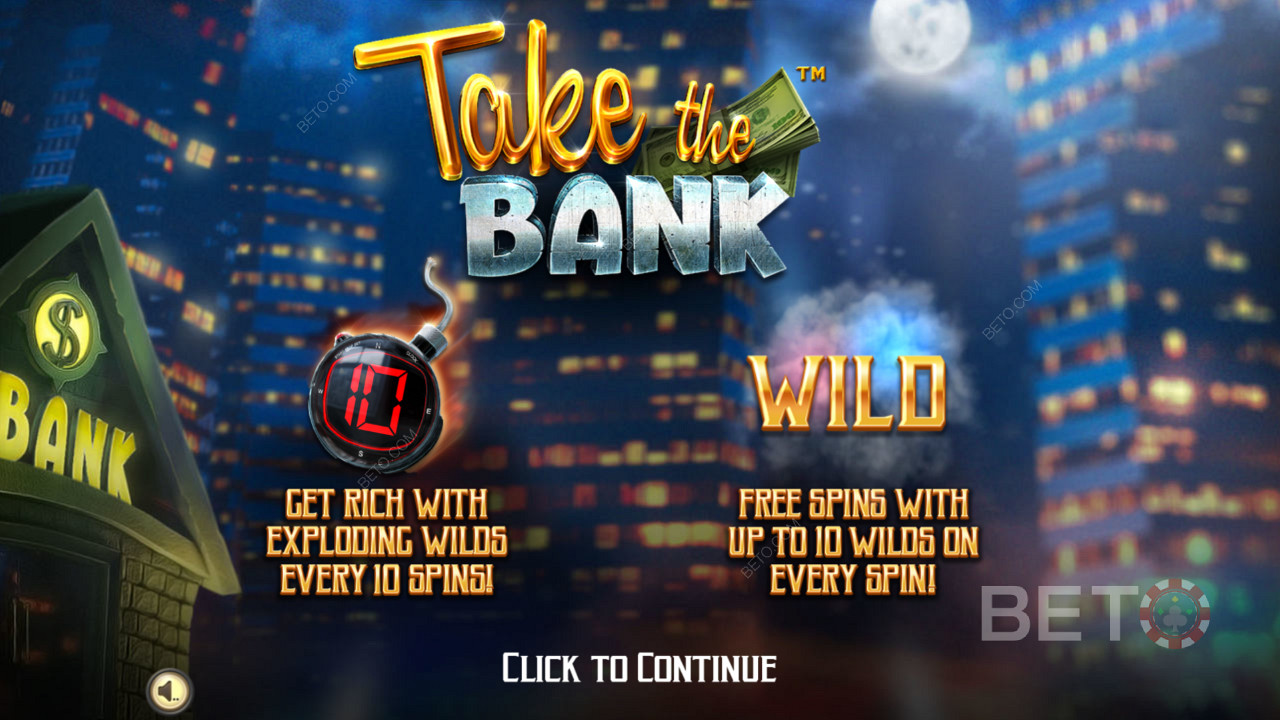 Ecranul introductiv al jocului Take The Bank - Get Rich cu explozie Wilds