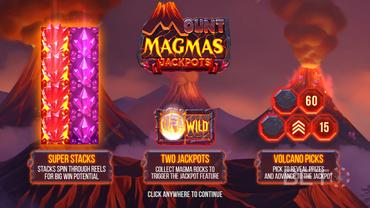 Bucură-te de Super Stacks, 2 jackpoturi și funcția Bonus Volcano în slotul Mount Magmas