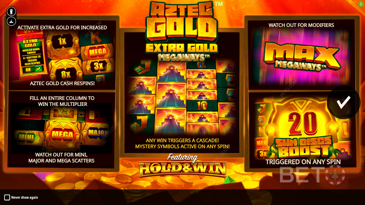 Bucură-te de mai multe funcții bonus în jocul de păcănele Aztec Gold Extra Gold Megaways