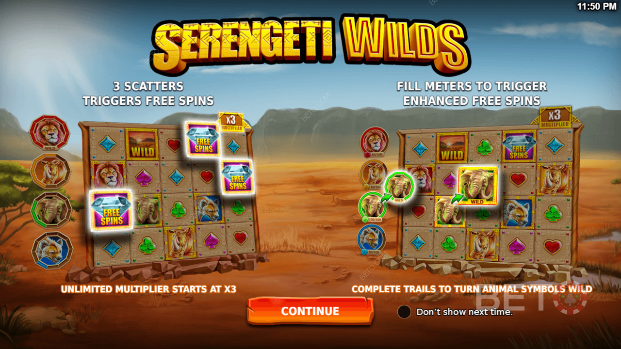 Bucură-te de funcții puternice, cum ar fi Free Spins și Enhanced Free Spins în jocul de aparate Serengeti Wilds