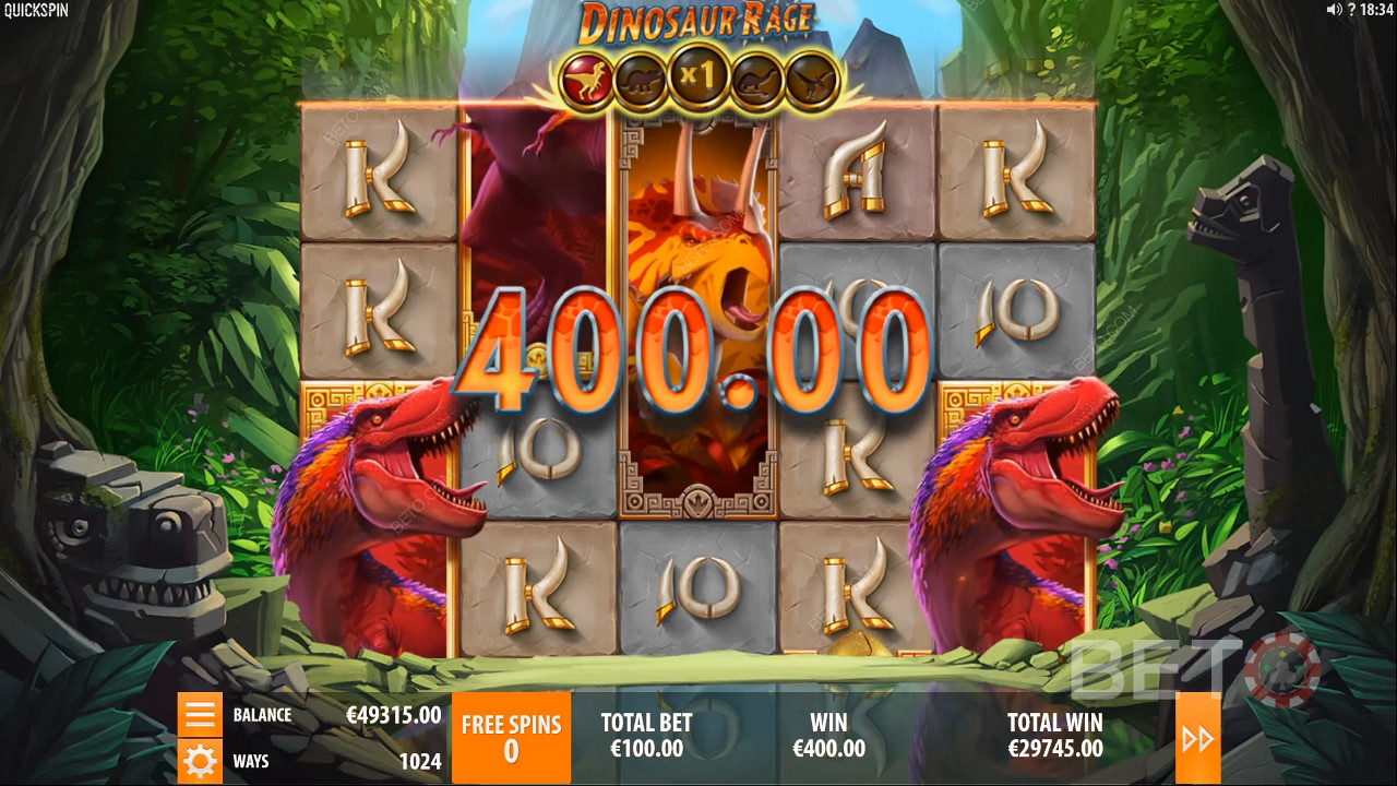 Aterizarea unui câștig în valoare de 400 de monede la Dinosaur Rage Slot Machine