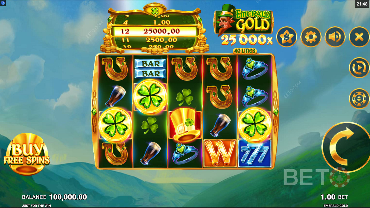 Cumpărați rotiri gratuite în slotul online Emerald Gold de la Just For The Win
