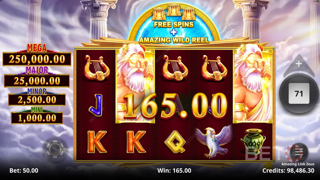 Joacă și ai șansa de a câștiga unul dintre cele 4 premii Jackpot fixe în slotul Amazing Link Zeus