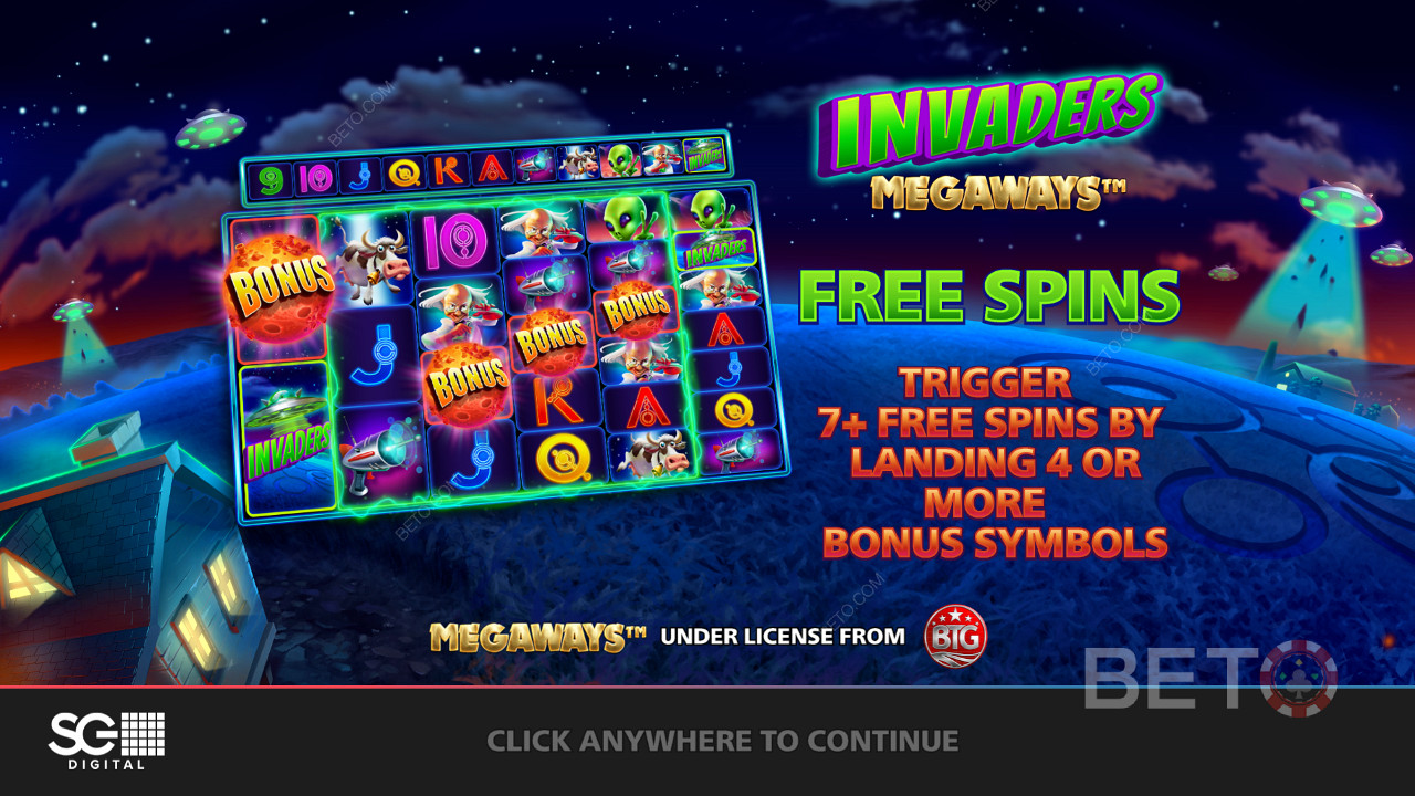 Bucură-te de rotiri gratuite cu modificatori, role în cascadă și multe altele în slotul Invaders Megaways