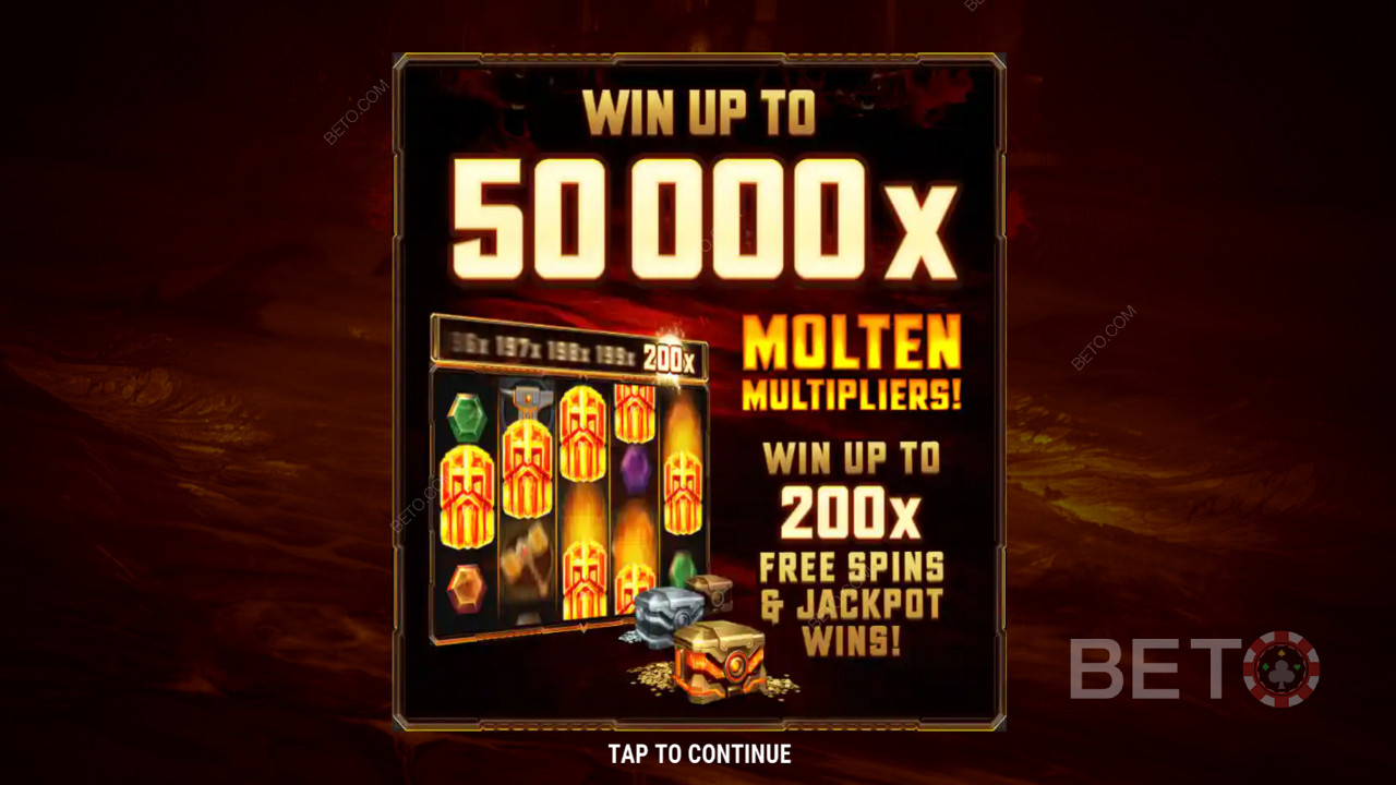 Fire ForgeEcranul introductiv al jocului arată Jackpotul de 50.000x