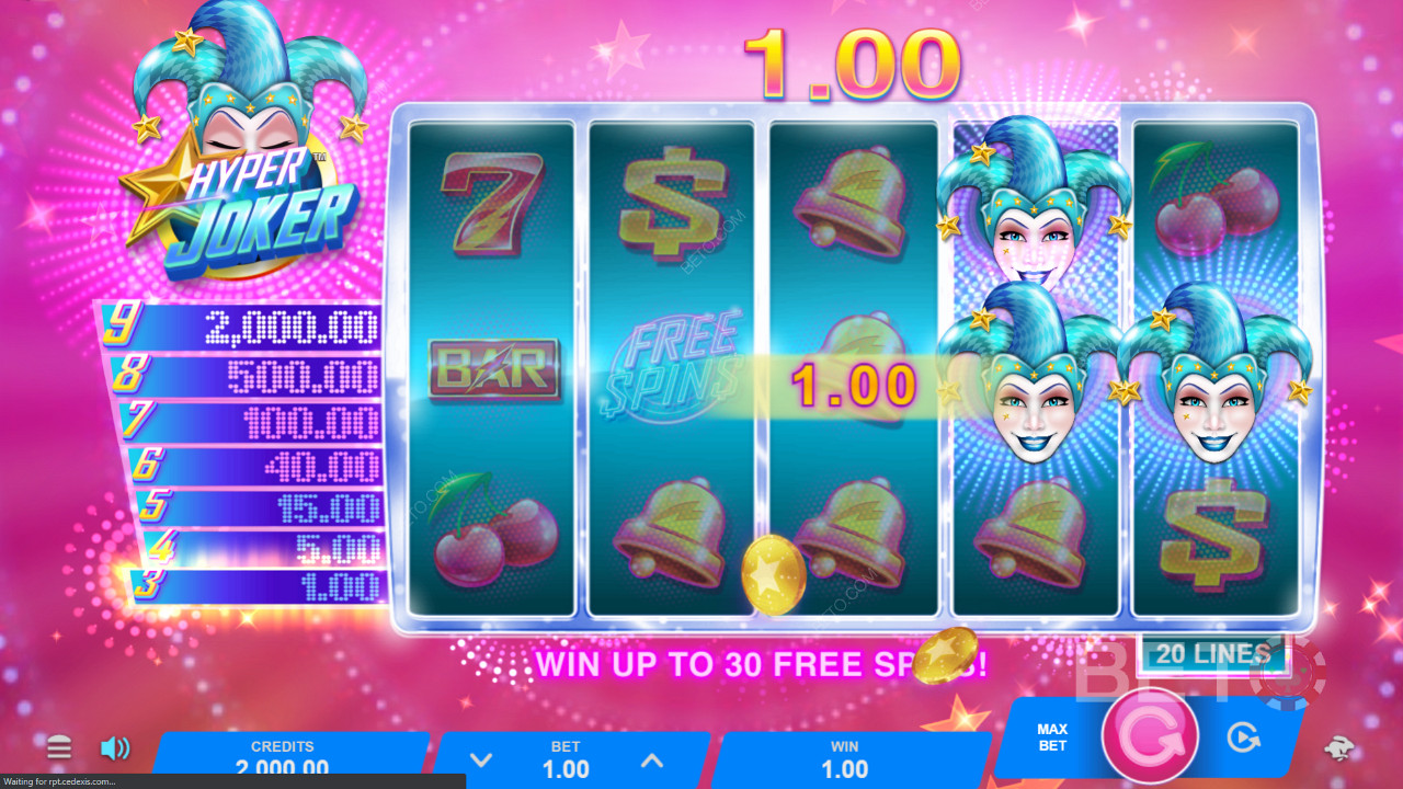 Joacă învârtiri gratuite cu multiplicatori la atingerea a trei simboluri bonus sau prinde nouă jokeri pentru a câștiga premiul cel mare - 120.000 de monede.