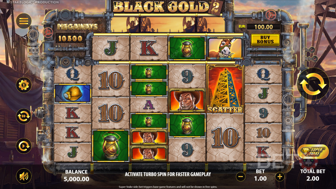 Adună 3 sau mai multe simboluri identice pentru a câștiga la slotul online Black Gold 2 Megaways