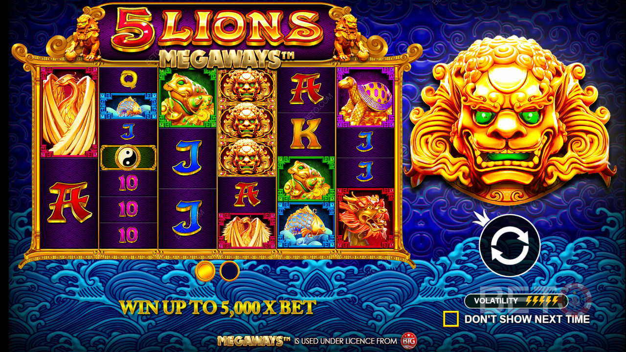 5 Lions Megaways slot - recompensa mare la o singură rotire este de până la 5.000x miza ta