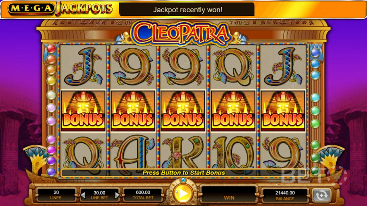 MegaJackpots Cleopatra Dispune de un slot cu 5 role și 20 de linii de plată
