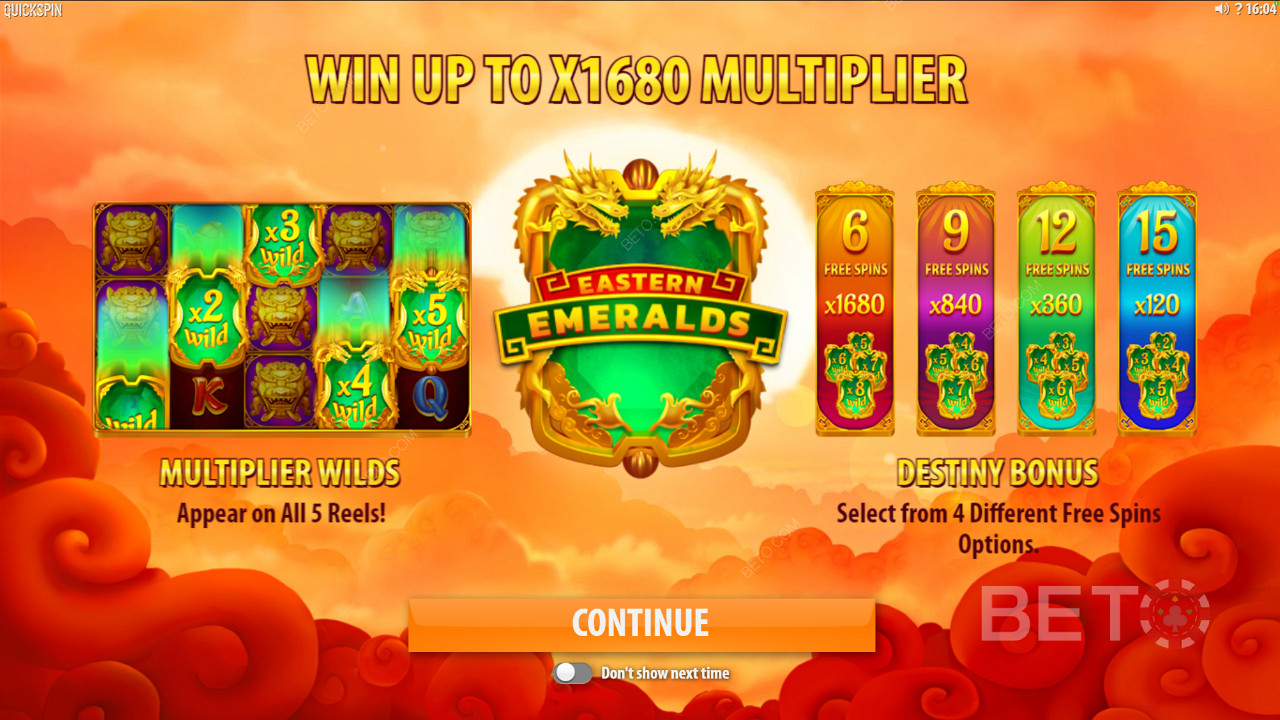 Bucură-te de Multiplier Wilds și de diferite tipuri de rotiri gratuite în slotul Eastern Emeralds