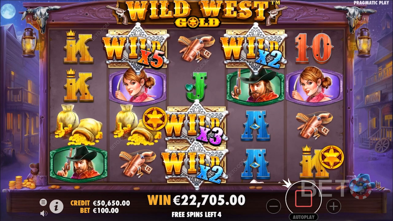 Simbolurile Wild din jocul de păcănele Wild West Gold vin cu multiplicatori