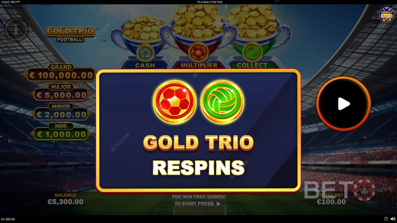 Funcțiile bonus explicate în Gold Trio: Fotbal! de Playtech